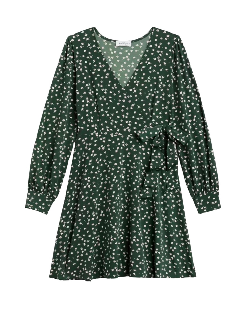 Kaileigh Natasha Knit Forest Green Floral Print Long Sleeve Faux Wrap Dress, SP